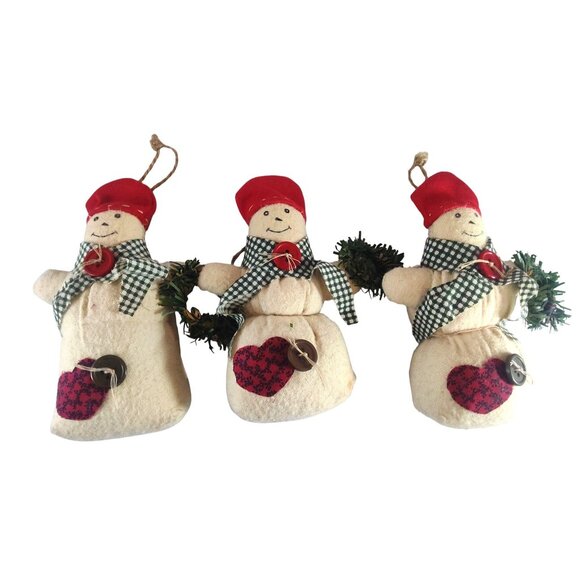 (3) Snowman Christmas Tree Ornaments With Red Hats & Gingham Scarves - Picture 3 of 7
